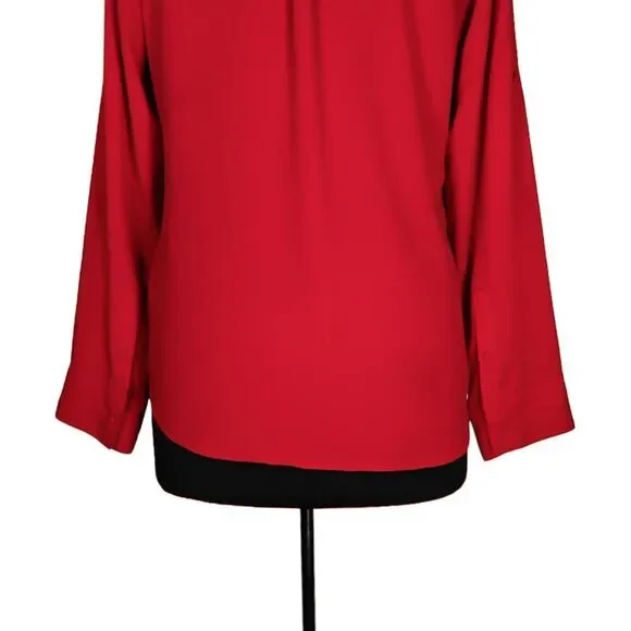 Express Women's Blouse Red V-Neck Roll Tab Long Sleeve Half Button Shirt Top M - Picture 8 of 10